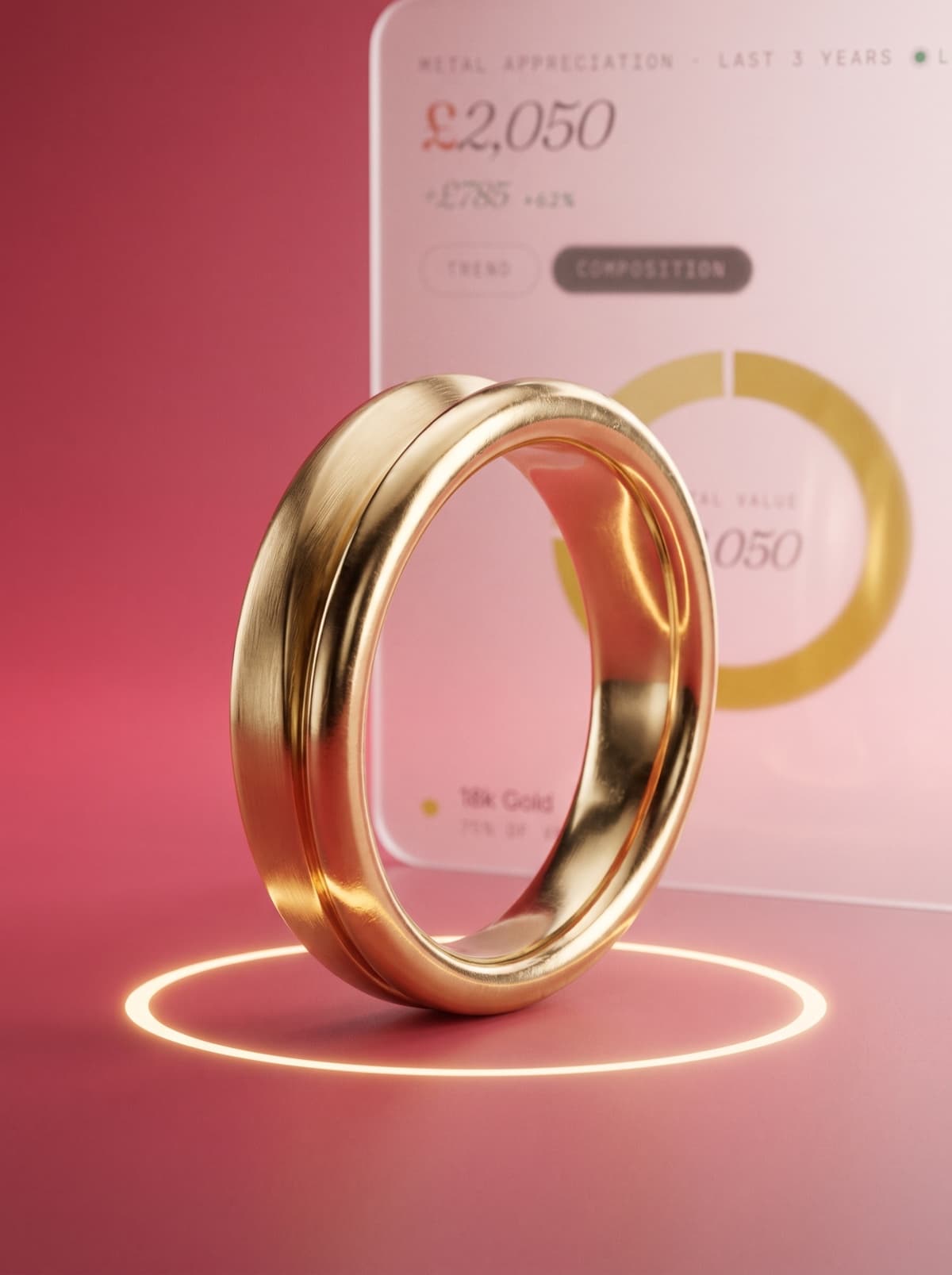 A gold ring on a jewellery cushion in front of a Redisco card showing its metal value up 62% over three years