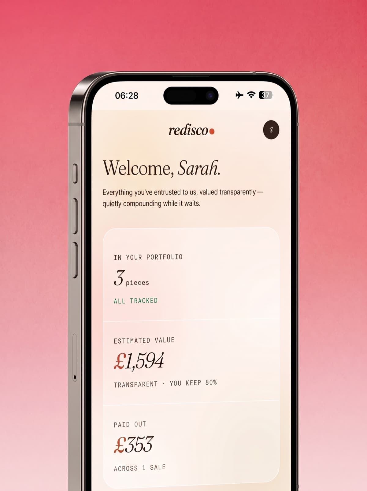 The Redisco app valuing a piece against live metal prices