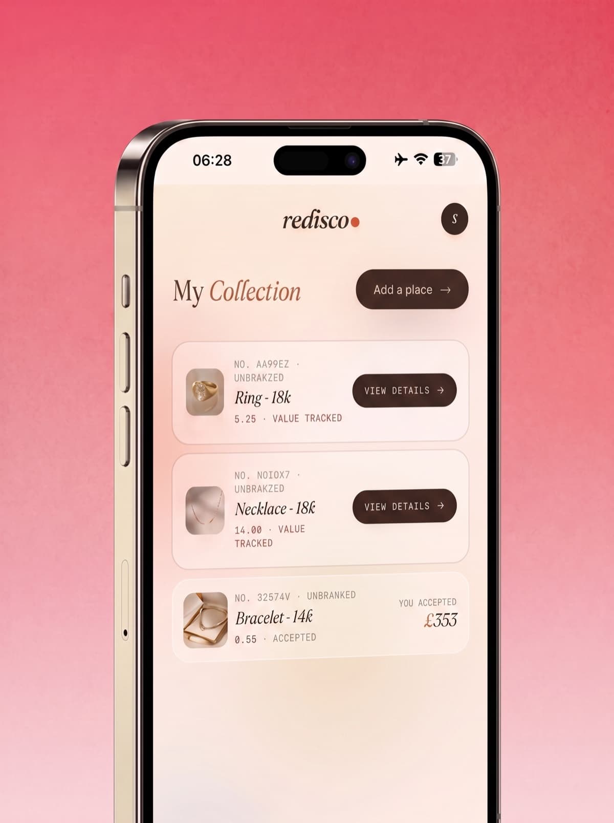 The Redisco collection screen. A jewellery portfolio of tracked pieces